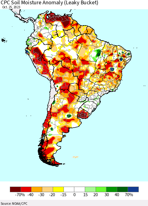 South America CPC Soil Moisture Anomaly (Leaky Bucket) Thematic Map For 10/21/2023 - 10/25/2023