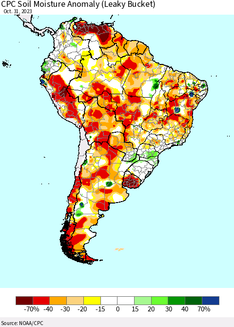South America CPC Soil Moisture Anomaly (Leaky Bucket) Thematic Map For 10/26/2023 - 10/31/2023