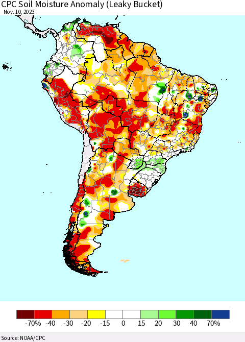 South America CPC Soil Moisture Anomaly (Leaky Bucket) Thematic Map For 11/6/2023 - 11/10/2023