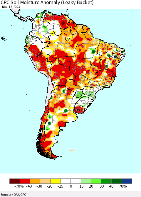 South America CPC Soil Moisture Anomaly (Leaky Bucket) Thematic Map For 11/11/2023 - 11/15/2023