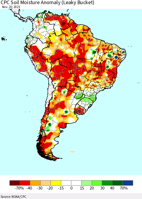South America CPC Soil Moisture Anomaly (Leaky Bucket) Thematic Map For 11/16/2023 - 11/20/2023