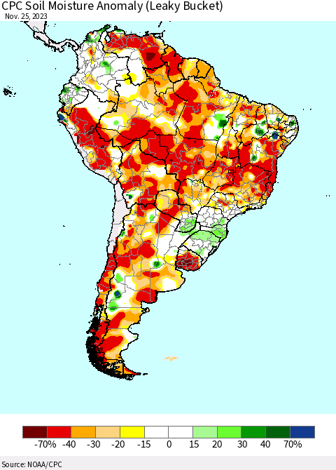 South America CPC Soil Moisture Anomaly (Leaky Bucket) Thematic Map For 11/21/2023 - 11/25/2023
