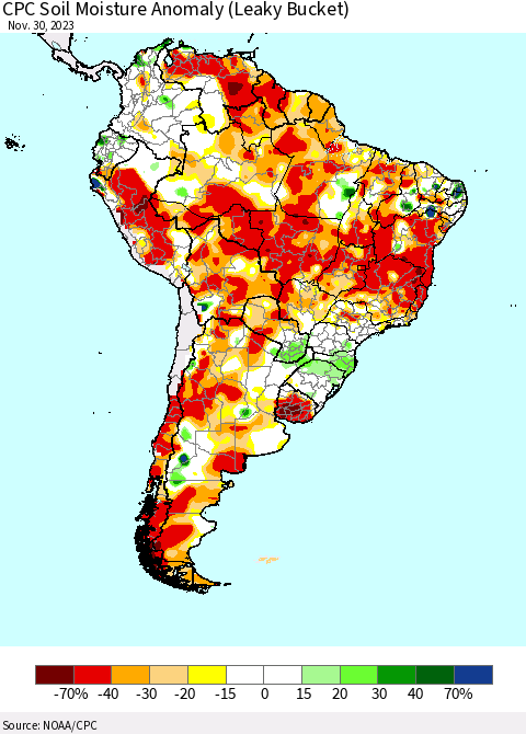 South America CPC Soil Moisture Anomaly (Leaky Bucket) Thematic Map For 11/26/2023 - 11/30/2023