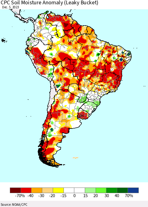 South America CPC Soil Moisture Anomaly (Leaky Bucket) Thematic Map For 12/1/2023 - 12/5/2023
