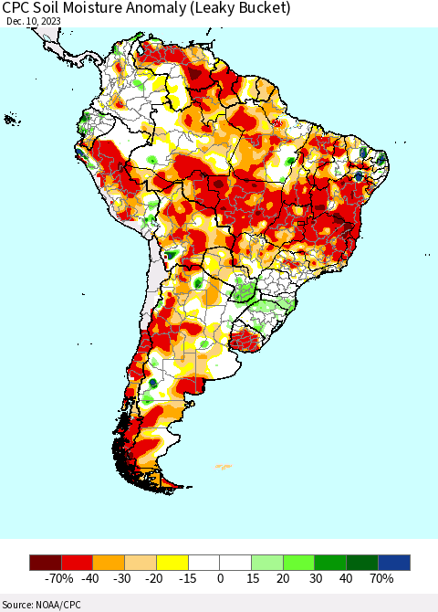South America CPC Soil Moisture Anomaly (Leaky Bucket) Thematic Map For 12/6/2023 - 12/10/2023