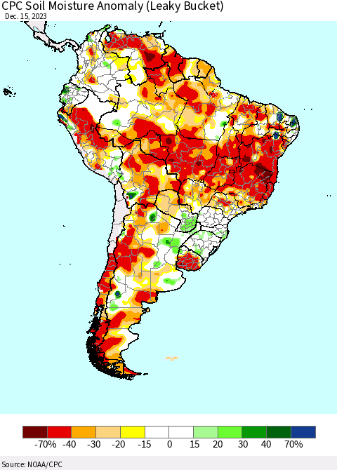 South America CPC Soil Moisture Anomaly (Leaky Bucket) Thematic Map For 12/11/2023 - 12/15/2023