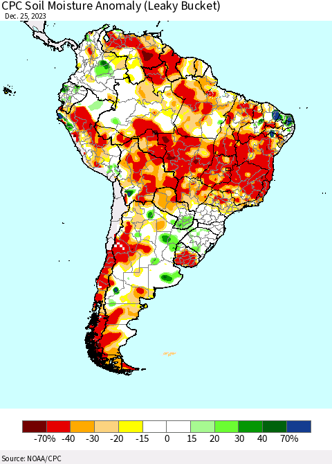 South America CPC Soil Moisture Anomaly (Leaky Bucket) Thematic Map For 12/21/2023 - 12/25/2023