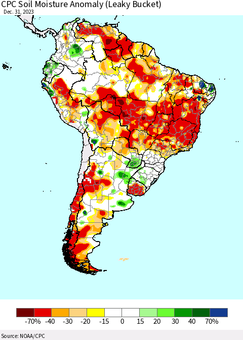 South America CPC Soil Moisture Anomaly (Leaky Bucket) Thematic Map For 12/26/2023 - 12/31/2023