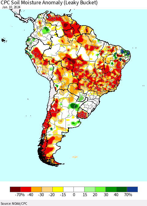 South America CPC Soil Moisture Anomaly (Leaky Bucket) Thematic Map For 1/6/2024 - 1/10/2024
