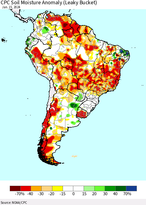 South America CPC Soil Moisture Anomaly (Leaky Bucket) Thematic Map For 1/11/2024 - 1/15/2024