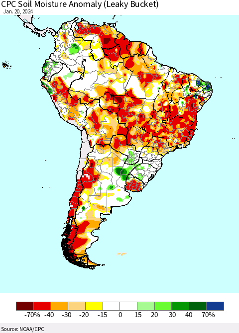 South America CPC Soil Moisture Anomaly (Leaky Bucket) Thematic Map For 1/16/2024 - 1/20/2024