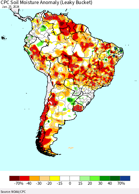 South America CPC Soil Moisture Anomaly (Leaky Bucket) Thematic Map For 1/21/2024 - 1/25/2024