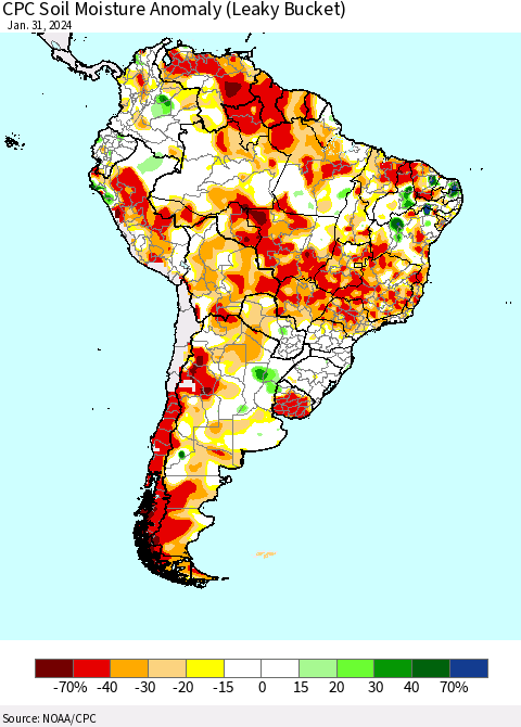 South America CPC Soil Moisture Anomaly (Leaky Bucket) Thematic Map For 1/26/2024 - 1/31/2024
