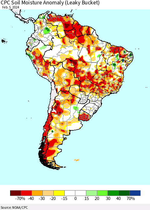South America CPC Soil Moisture Anomaly (Leaky Bucket) Thematic Map For 2/1/2024 - 2/5/2024