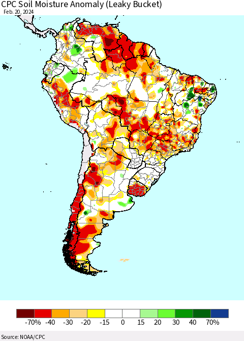 South America CPC Soil Moisture Anomaly (Leaky Bucket) Thematic Map For 2/16/2024 - 2/20/2024