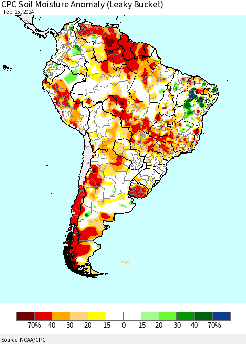 South America CPC Soil Moisture Anomaly (Leaky Bucket) Thematic Map For 2/21/2024 - 2/25/2024