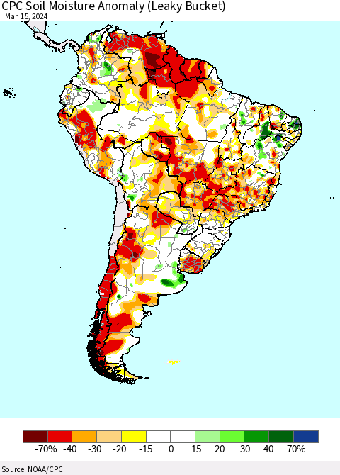 South America CPC Soil Moisture Anomaly (Leaky Bucket) Thematic Map For 3/11/2024 - 3/15/2024