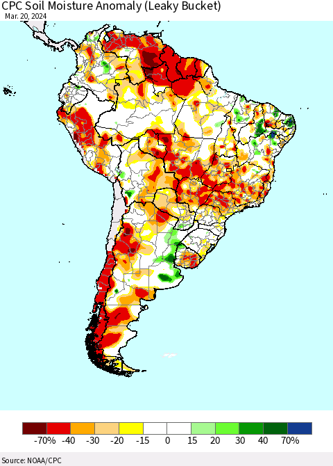 South America CPC Soil Moisture Anomaly (Leaky Bucket) Thematic Map For 3/16/2024 - 3/20/2024