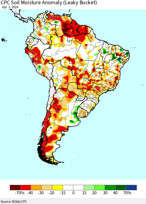 South America CPC Soil Moisture Anomaly (Leaky Bucket) Thematic Map For 4/1/2024 - 4/5/2024