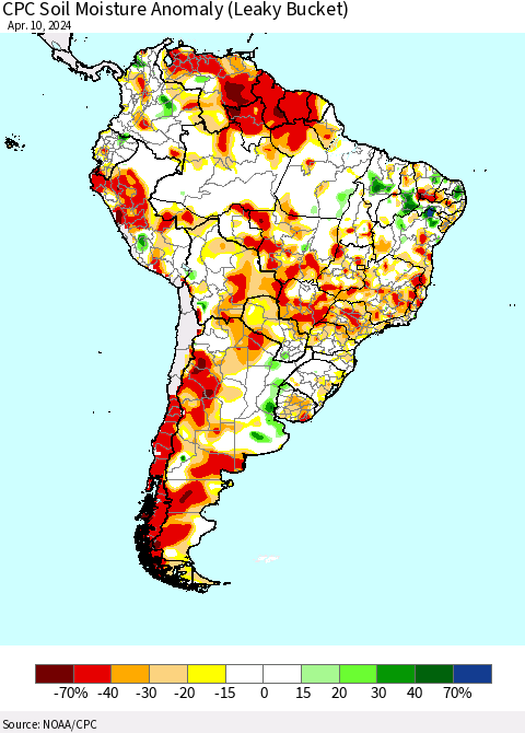 South America CPC Soil Moisture Anomaly (Leaky Bucket) Thematic Map For 4/6/2024 - 4/10/2024