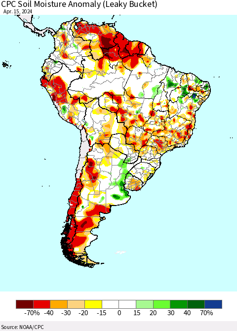 South America CPC Soil Moisture Anomaly (Leaky Bucket) Thematic Map For 4/11/2024 - 4/15/2024