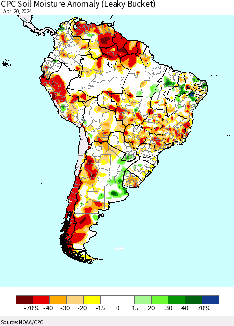South America CPC Soil Moisture Anomaly (Leaky Bucket) Thematic Map For 4/16/2024 - 4/20/2024