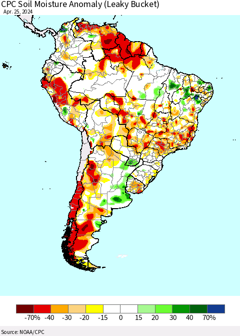 South America CPC Soil Moisture Anomaly (Leaky Bucket) Thematic Map For 4/21/2024 - 4/25/2024