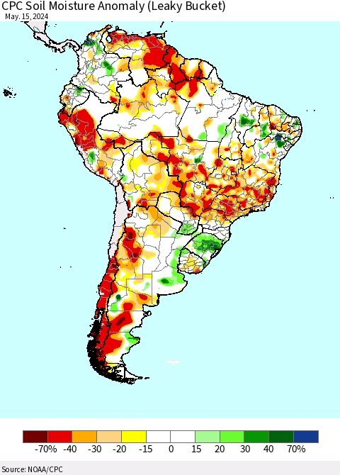 South America CPC Soil Moisture Anomaly (Leaky Bucket) Thematic Map For 5/11/2024 - 5/15/2024