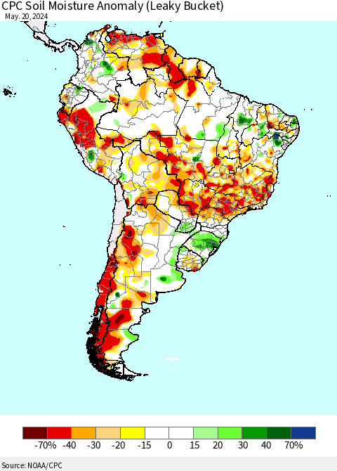 South America CPC Soil Moisture Anomaly (Leaky Bucket) Thematic Map For 5/16/2024 - 5/20/2024