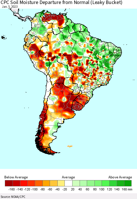 South America CPC Soil Moisture Departure from Normal (Leaky Bucket) Thematic Map For 1/1/2023 - 1/5/2023