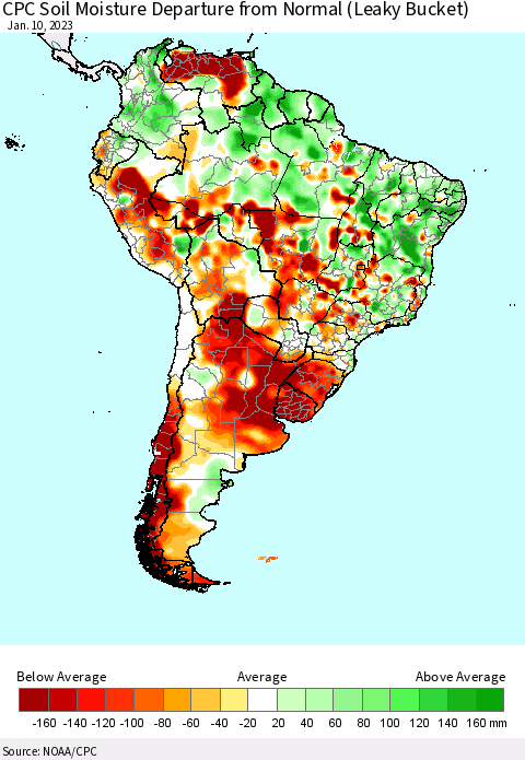 South America CPC Soil Moisture Departure from Normal (Leaky Bucket) Thematic Map For 1/6/2023 - 1/10/2023
