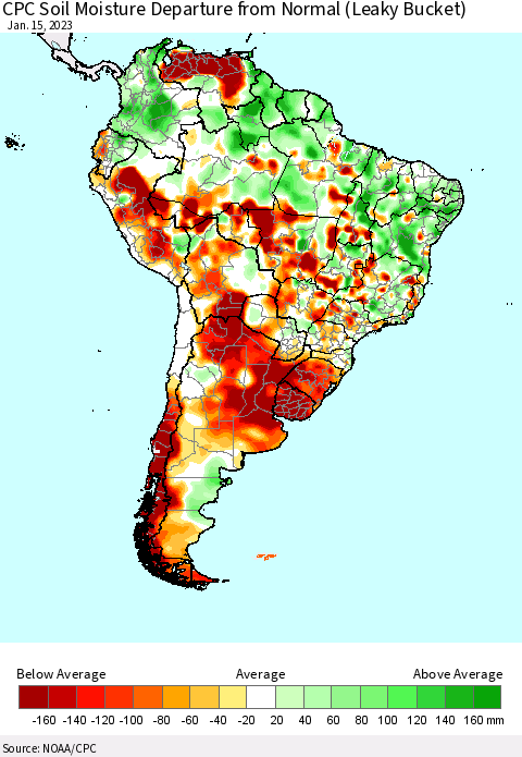 South America CPC Soil Moisture Departure from Normal (Leaky Bucket) Thematic Map For 1/11/2023 - 1/15/2023