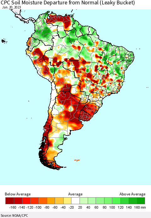 South America CPC Soil Moisture Departure from Normal (Leaky Bucket) Thematic Map For 1/16/2023 - 1/20/2023