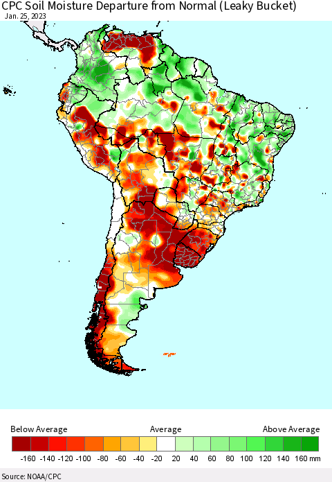 South America CPC Soil Moisture Departure from Normal (Leaky Bucket) Thematic Map For 1/21/2023 - 1/25/2023