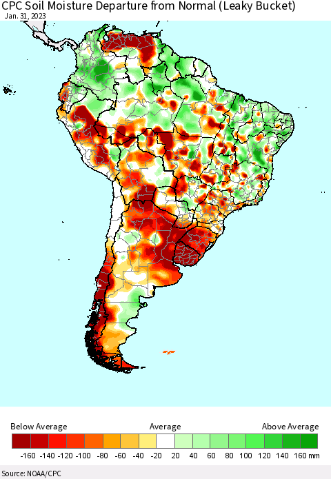South America CPC Soil Moisture Departure from Normal (Leaky Bucket) Thematic Map For 1/26/2023 - 1/31/2023