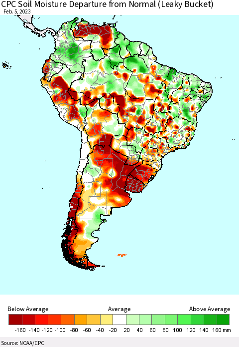 South America CPC Soil Moisture Departure from Normal (Leaky Bucket) Thematic Map For 2/1/2023 - 2/5/2023