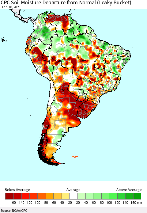 South America CPC Soil Moisture Departure from Normal (Leaky Bucket) Thematic Map For 2/6/2023 - 2/10/2023