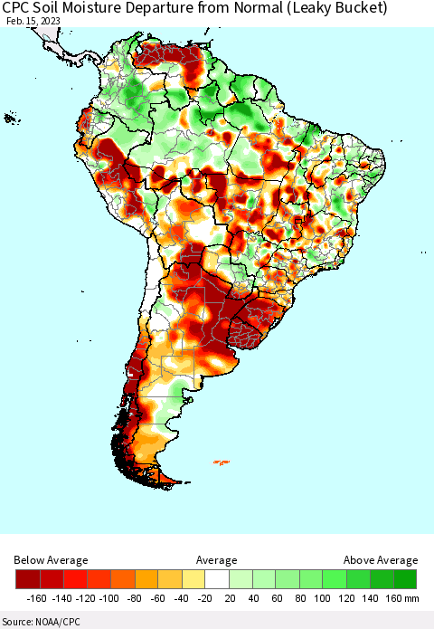 South America CPC Soil Moisture Departure from Normal (Leaky Bucket) Thematic Map For 2/11/2023 - 2/15/2023