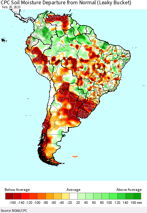South America CPC Soil Moisture Departure from Normal (Leaky Bucket) Thematic Map For 2/16/2023 - 2/20/2023