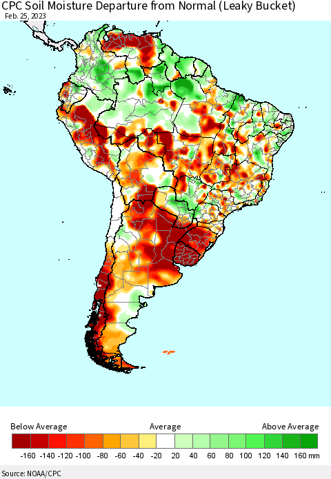 South America CPC Soil Moisture Departure from Normal (Leaky Bucket) Thematic Map For 2/21/2023 - 2/25/2023