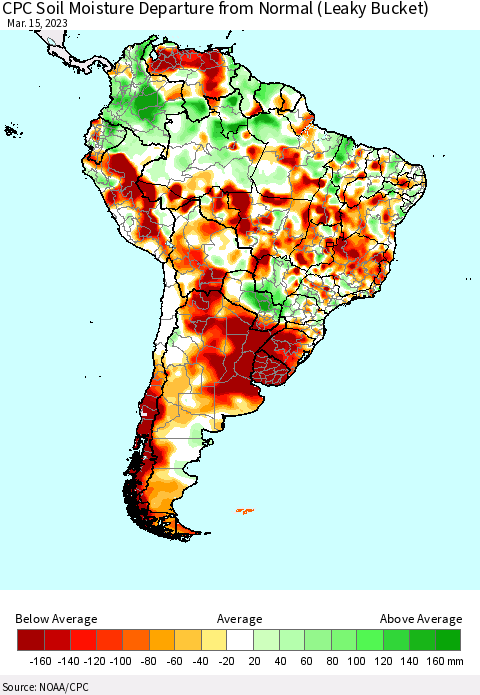 South America CPC Soil Moisture Departure from Normal (Leaky Bucket) Thematic Map For 3/11/2023 - 3/15/2023