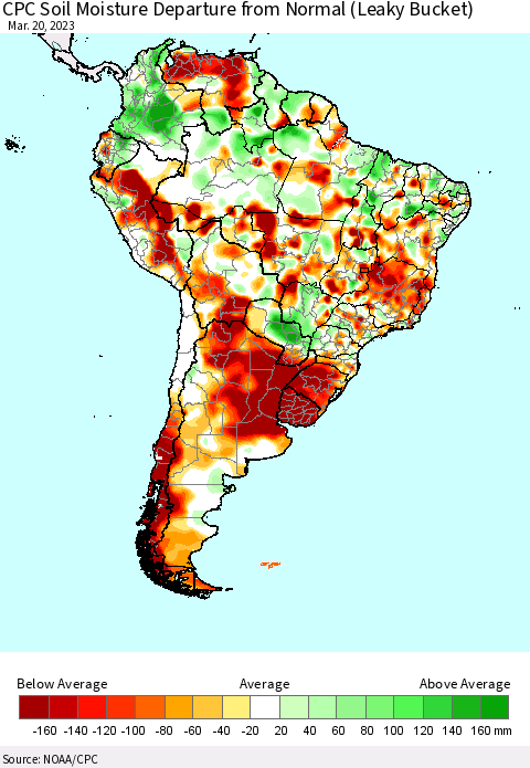 South America CPC Soil Moisture Departure from Normal (Leaky Bucket) Thematic Map For 3/16/2023 - 3/20/2023