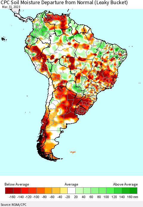 South America CPC Soil Moisture Departure from Normal (Leaky Bucket) Thematic Map For 3/26/2023 - 3/31/2023