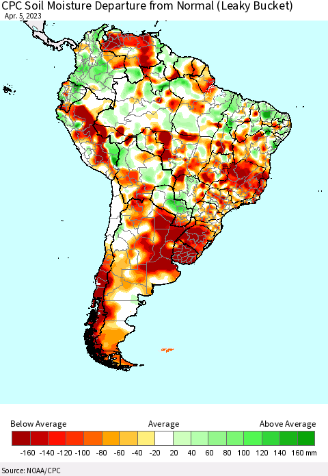 South America CPC Soil Moisture Departure from Normal (Leaky Bucket) Thematic Map For 4/1/2023 - 4/5/2023