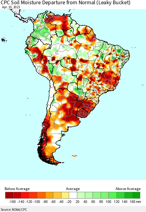 South America CPC Soil Moisture Departure from Normal (Leaky Bucket) Thematic Map For 4/6/2023 - 4/10/2023