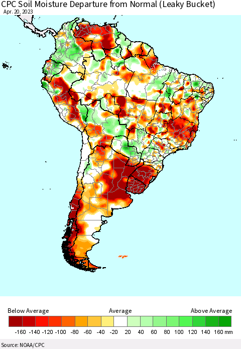 South America CPC Soil Moisture Departure from Normal (Leaky Bucket) Thematic Map For 4/16/2023 - 4/20/2023
