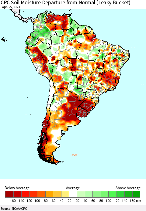 South America CPC Soil Moisture Departure from Normal (Leaky Bucket) Thematic Map For 4/21/2023 - 4/25/2023