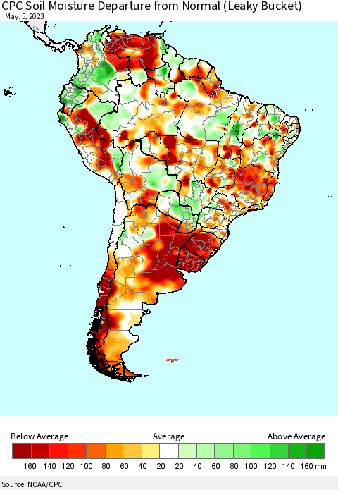 South America CPC Soil Moisture Departure from Normal (Leaky Bucket) Thematic Map For 5/1/2023 - 5/5/2023