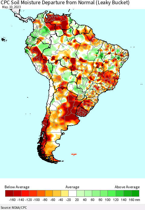 South America CPC Soil Moisture Departure from Normal (Leaky Bucket) Thematic Map For 5/6/2023 - 5/10/2023
