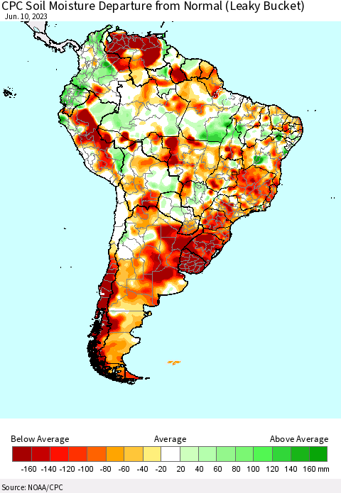 South America CPC Soil Moisture Departure from Normal (Leaky Bucket) Thematic Map For 6/6/2023 - 6/10/2023